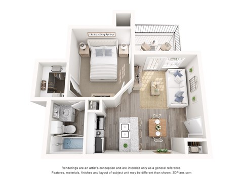 A 3D floor plan of a small apartment with a kitchen, living room, and bedrooms.